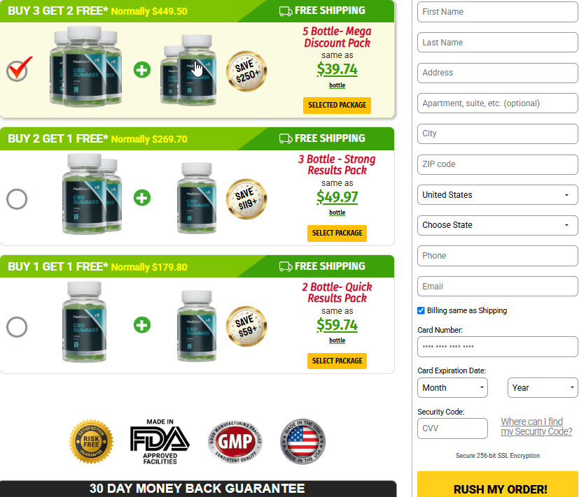 Medibloom CBD Gummies pricing packages: buy 3 get 2 free, buy 2 get 1 free, buy 1 get 1 free with secure checkout